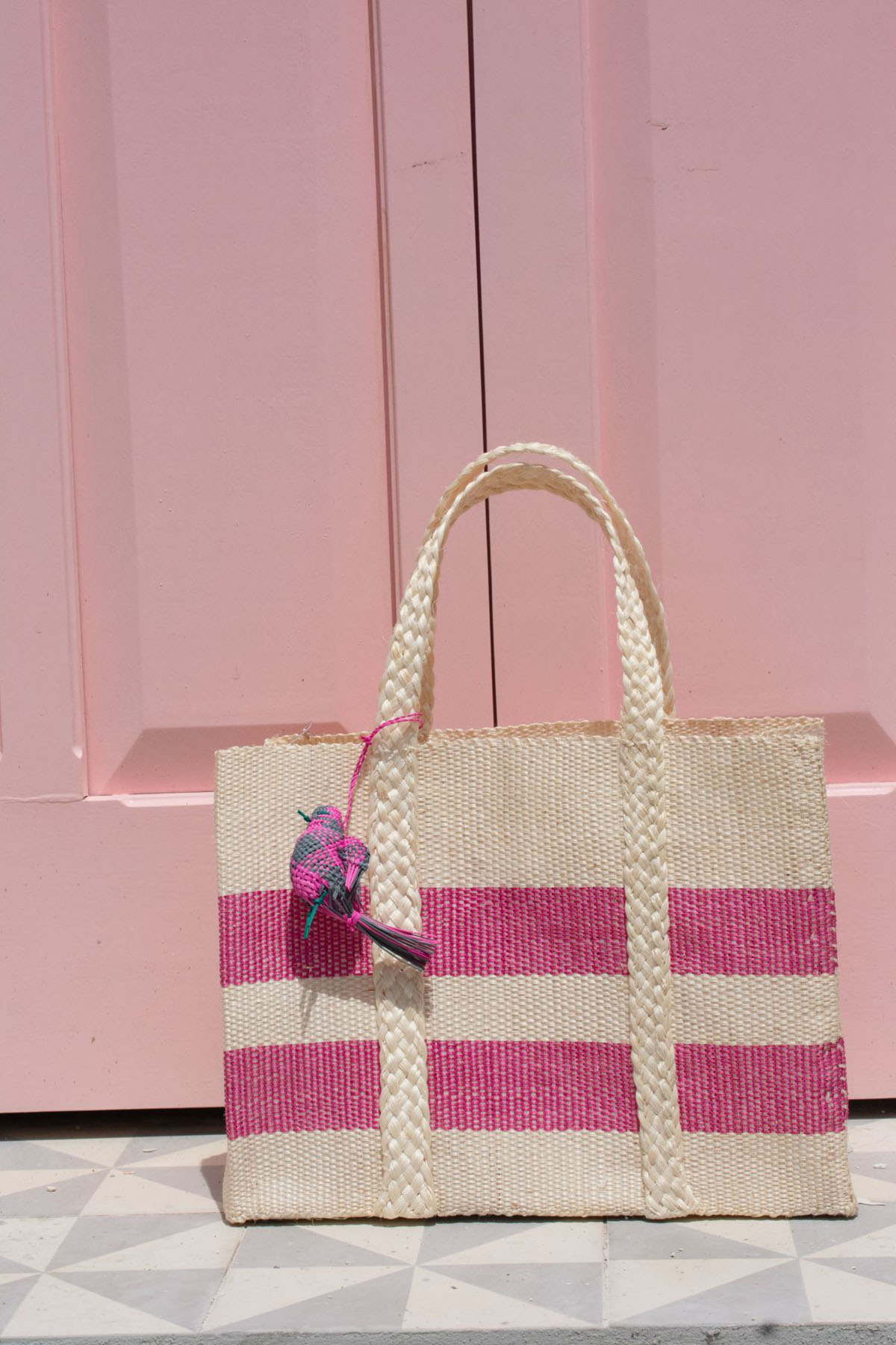 Bolsa Henequén cuadrada en rayas rosa con beigie