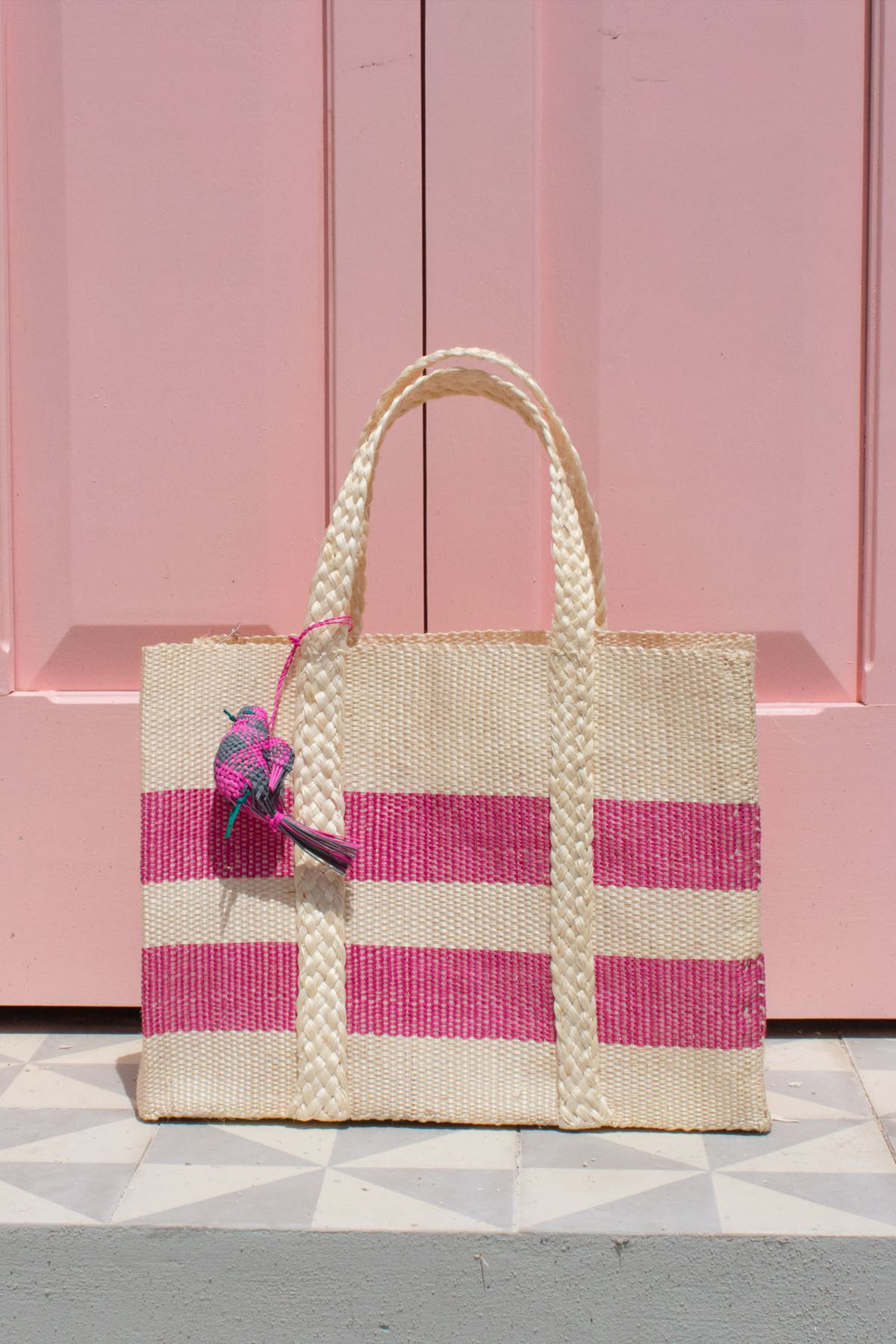 Bolsa Henequén cuadrada en rayas rosa con beige